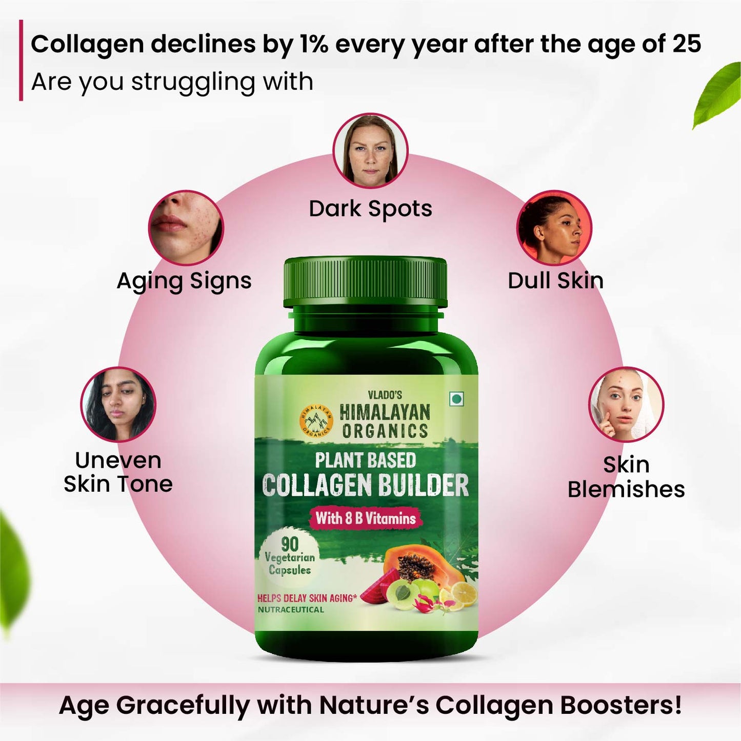 Vlado's Himalayan Organics Plant Based Collagen Builder With 8 B Vitamins for Hair and Skin | Collagen Supplement for Women & Men | Collagen Capsules With Biotin & Vitamin C | Glowing and Youthful Skin (90 Capsules)