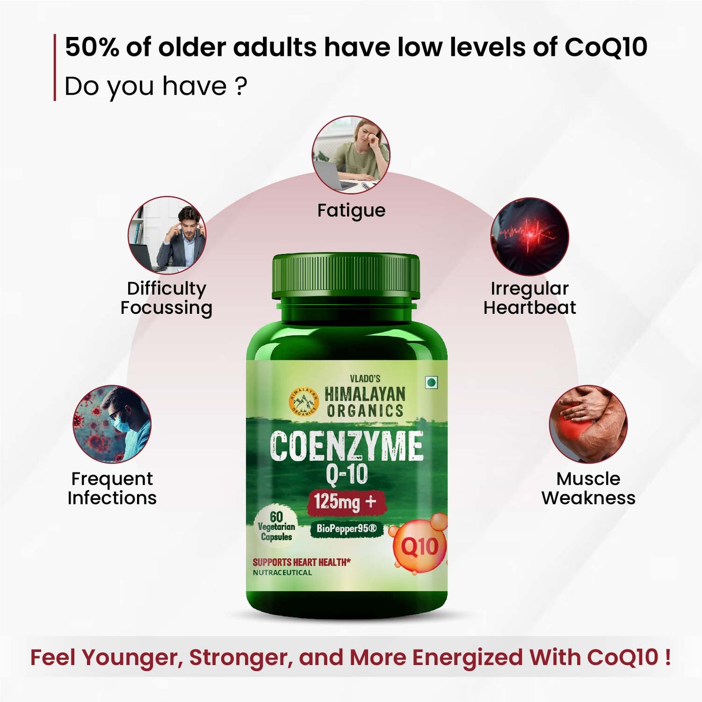 Vlado's Himalayan Organics CoQ10 -125mg With BioPepper - 5mg , COENZYME Q-10 125mg Supplement | High Absorption I Antioxidant Support Healthy Heart Boost Energy And Metabolism High Strength For Men And Women - 60 Veg Capsules