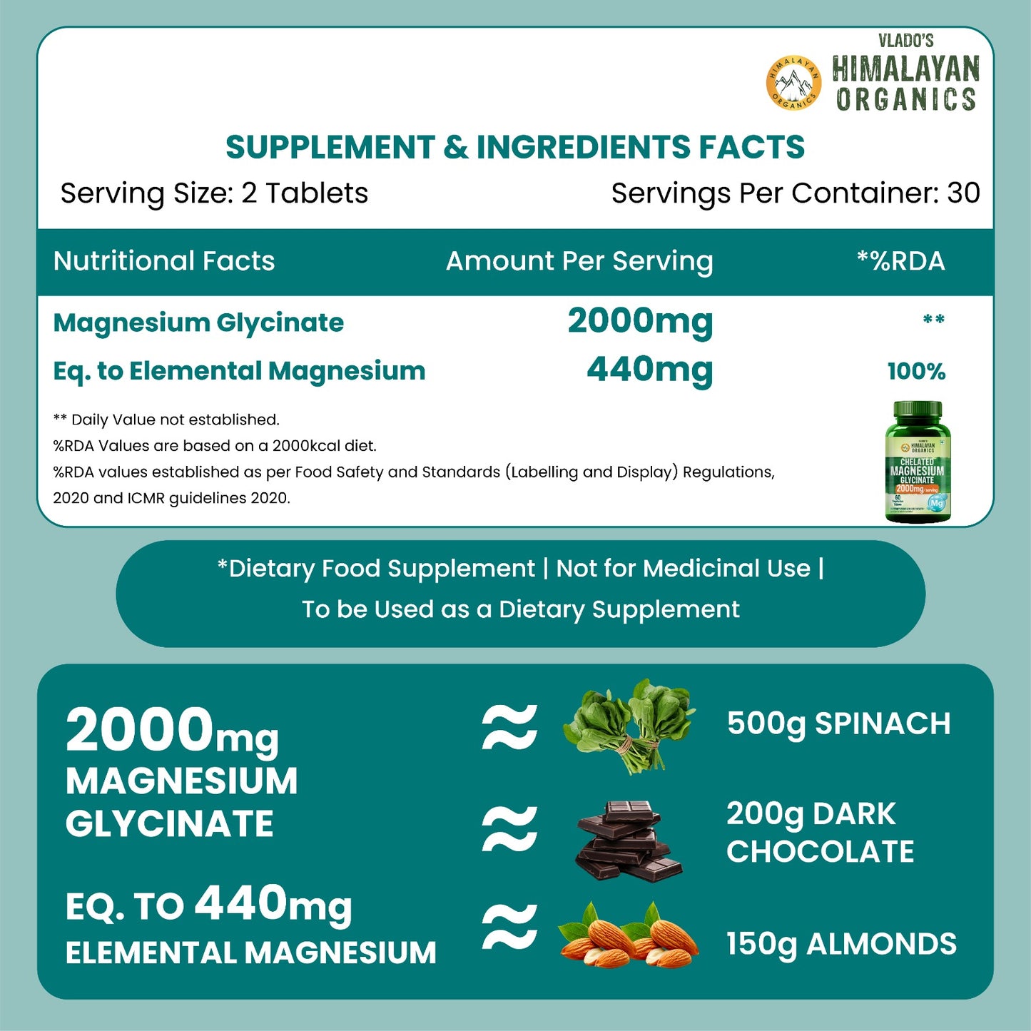 Vlado's Himalayan Organics Chelated Magnesium Glycinate Supplement 2000mg Per Serving | Magnesium Supplement Supports Muscle Recovery & Better Sleep - 60 Veg Tablets