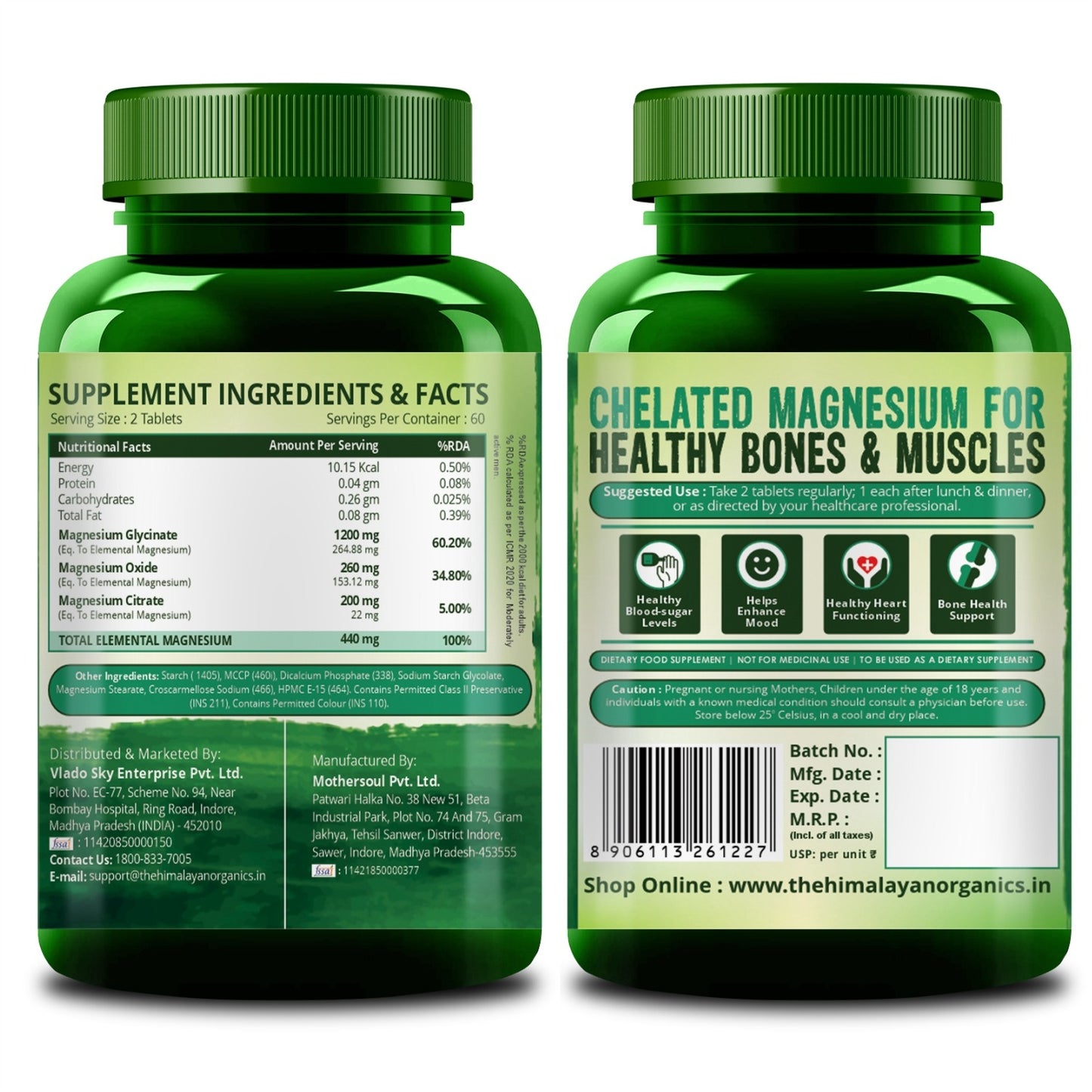 Vlado's Himalayan Organics Magnesium Complex Supplement | 1648mg | with Magnesium Glycinate, Magnesium Citrate, Magnesium Oxide - 120 Veg Tablets