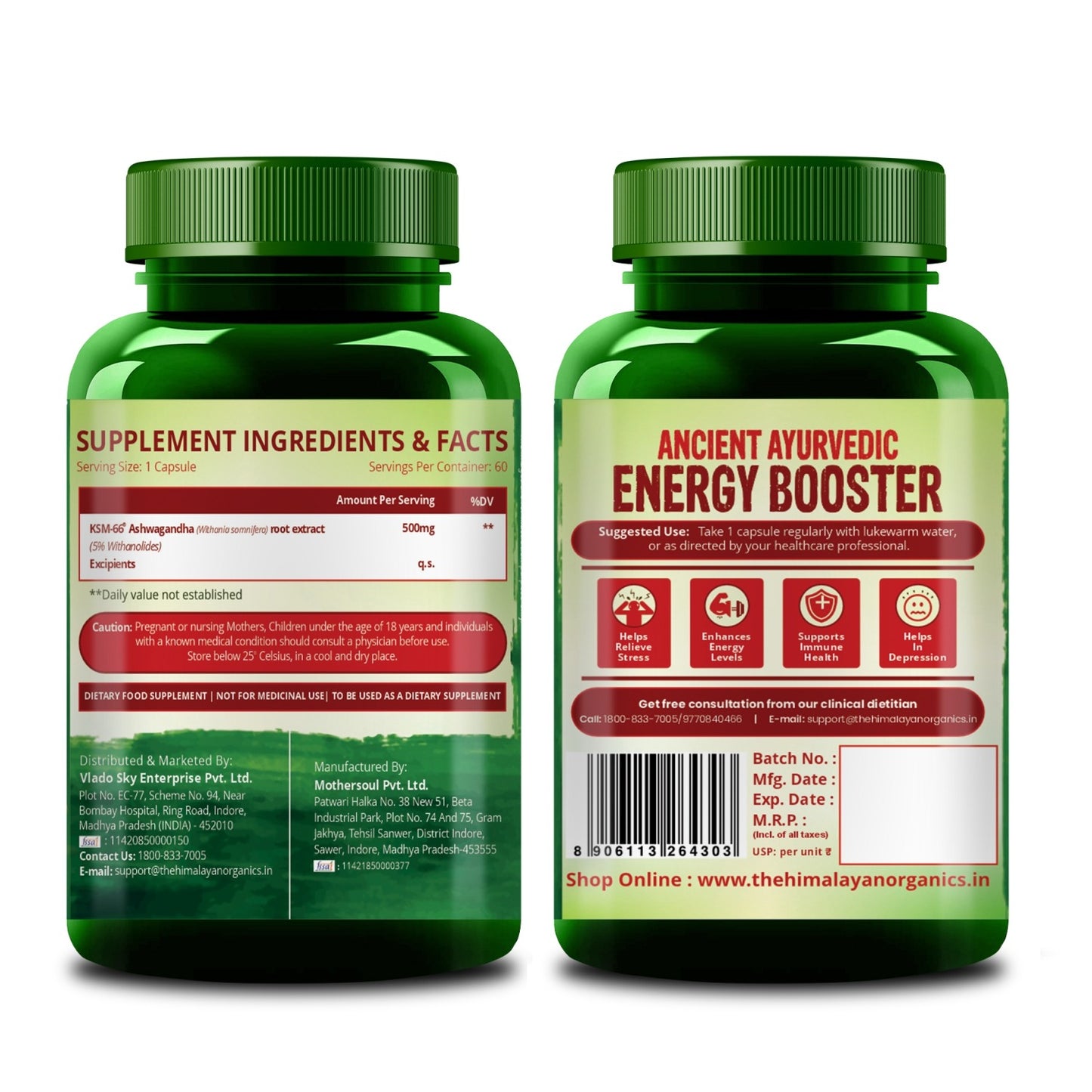 Vlado’s Himalayan Organics KSM66 Ashwagandha 500 Mg I 5% Withania Somnifera I Pure Ashwagandha Men & Women (60 Capsules)
