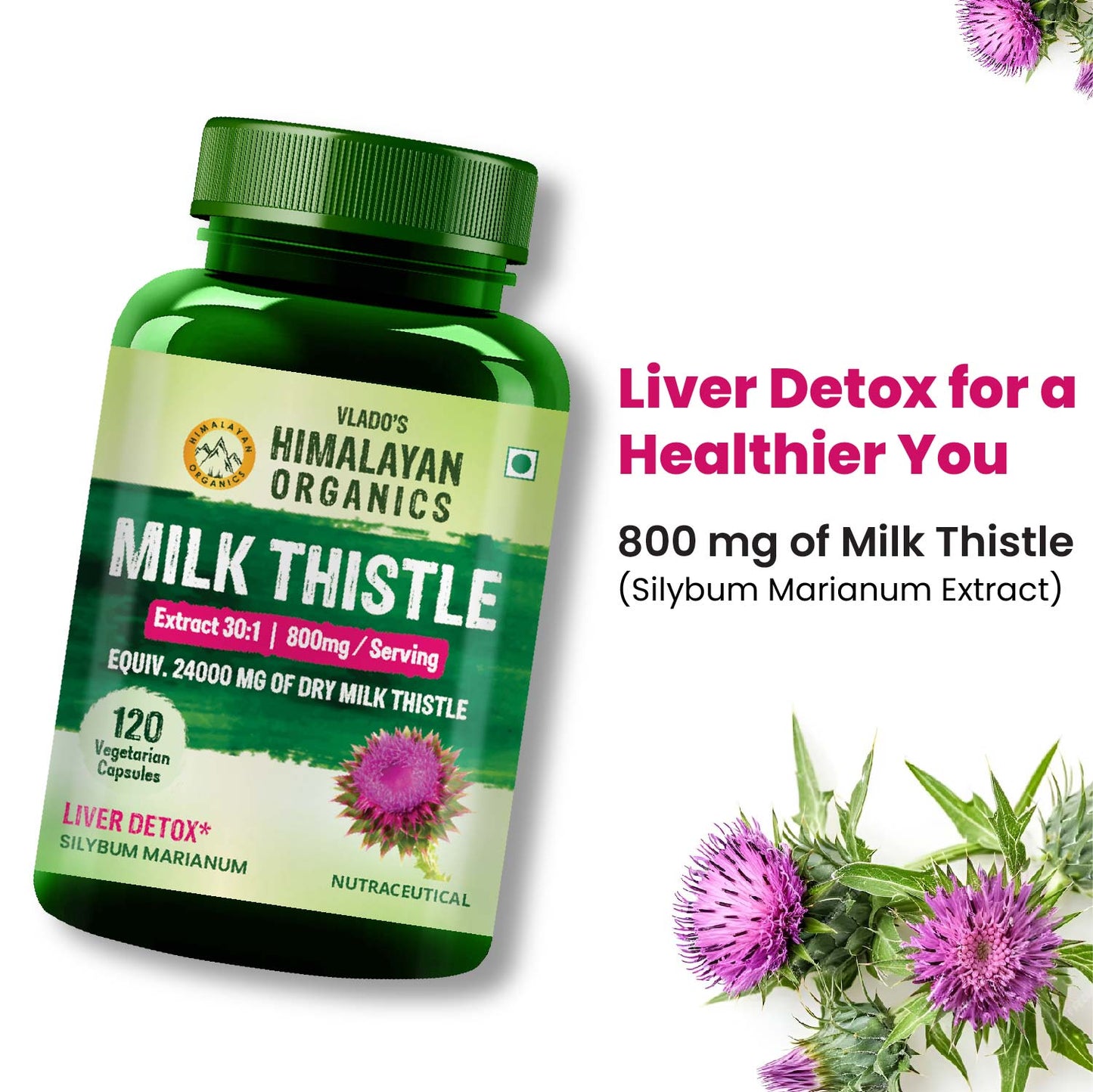 Vlado's Himalayan Organics Milk Thistle Extract Silymarin 800mg/Serve - 120 Vegetarian Capsules
