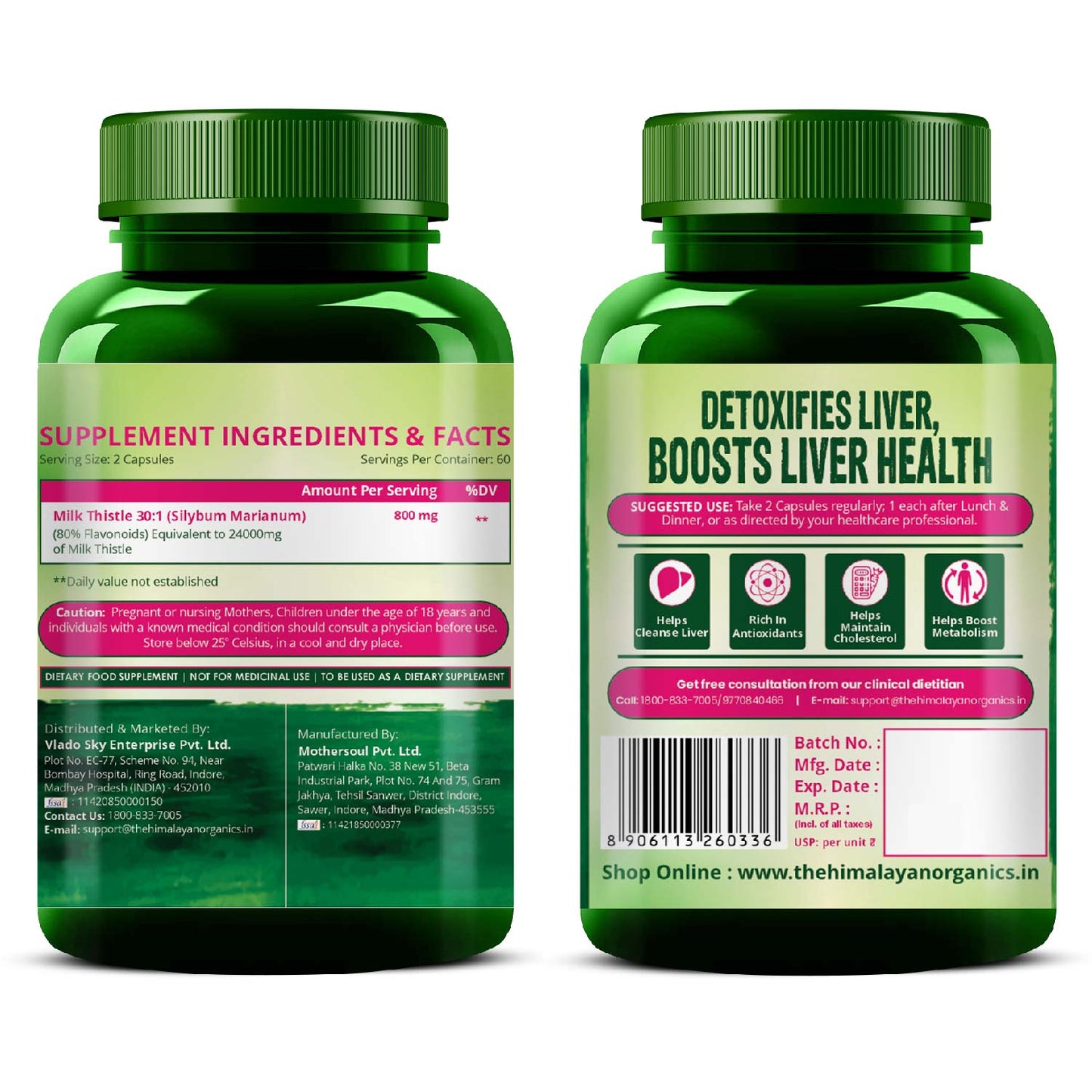Vlado's Himalayan Organics Milk Thistle Extract Silymarin 800mg/Serve - 120 Vegetarian Capsules
