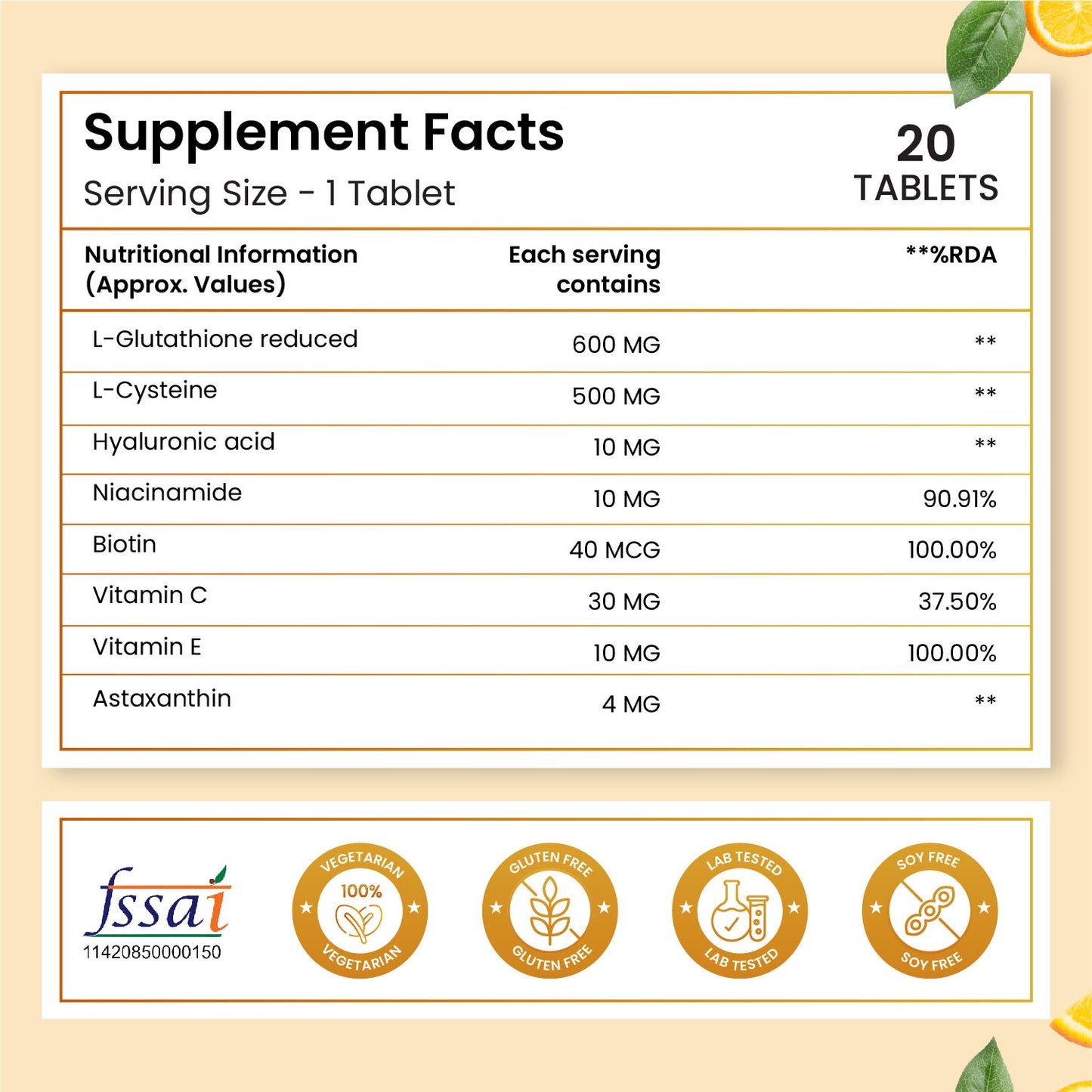 Vlado's Himalayan Organics Japanese Reduced L Glutathione Effervescent Tablets 1150mg with Hyaluronic Acid , Niacinamide, Vitamin C, E- For Anti-Pigmentation Skin Lightening, Tan Removal , Skin Glow- 20 Effervescent Tablet (Pack of 1)