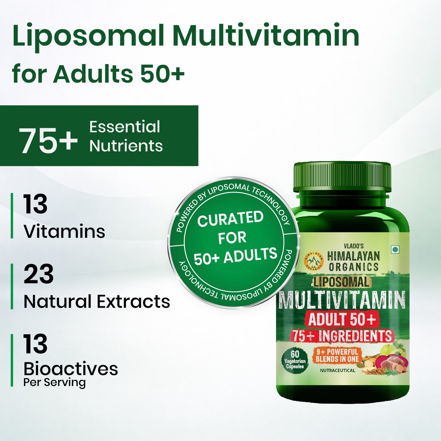 Vlado’s Himalayan Organics Liposomal Multivitamin Adult 50+ with 75+ Ingredients | Daily Health Supplement with 9+ Powerful Blends | Supports Energy, Immunity, Brain, Heart & Eye Health | 60 Veg Capsules