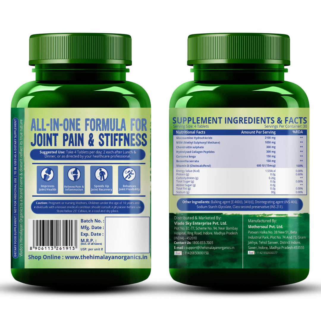 Vlado’s Himalayan Organics Glucosamine Chondroitin MSM Tablets | Cartilage & Joint Support Supplement | Glucosamine for Joint Relieves Pain and Stiffness I Added Collagen peptides, Curcuma, Vitamin D & Boswellia - Pure Veg Formula - 120 Vegetarian Tablets
