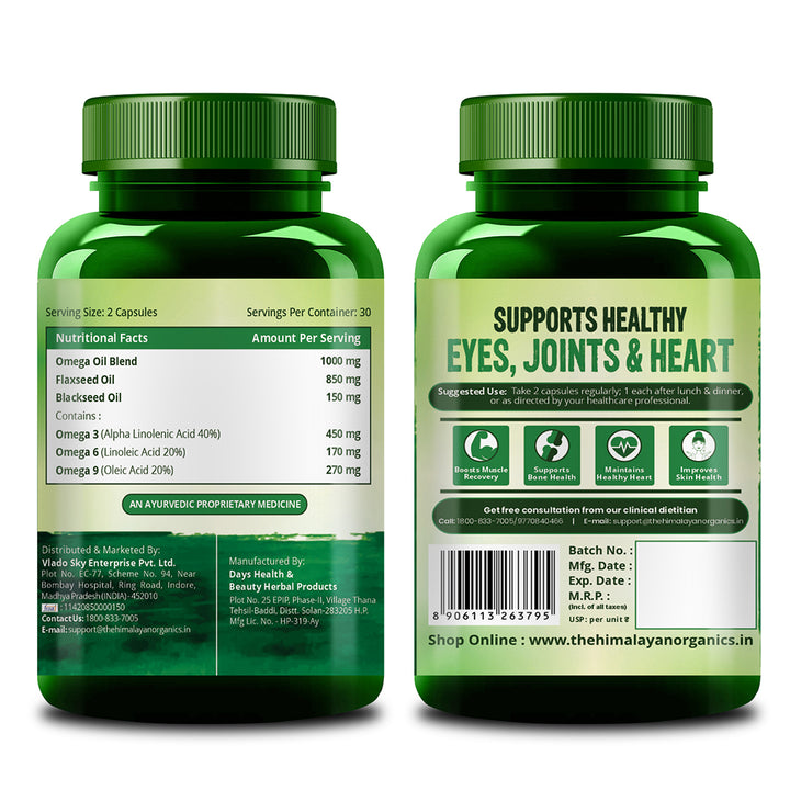 Vlado's Himalayan Organics Omega 3 6 9-2000mg/Serving I Vegetarian Omega 3 Supplement I Support Muscle,Bone,Heart & Skin - No Burps, No Fish Oil Used Capsules for Men & Women- 60 Capsules