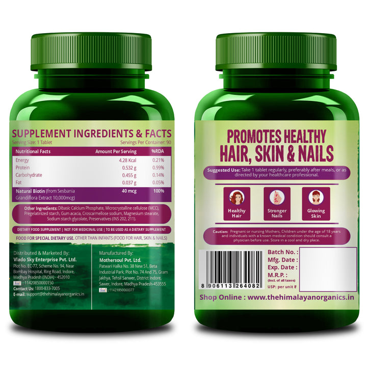 Vlado’s Himalayan Organics Biotin 10000 MCG tablets for Hair Growth, Radiant Skin and Stronger Nails I Sesbania Grandiflora Extract Biotin I Biotin Supplement for men & Women - 90 Veg Tablets