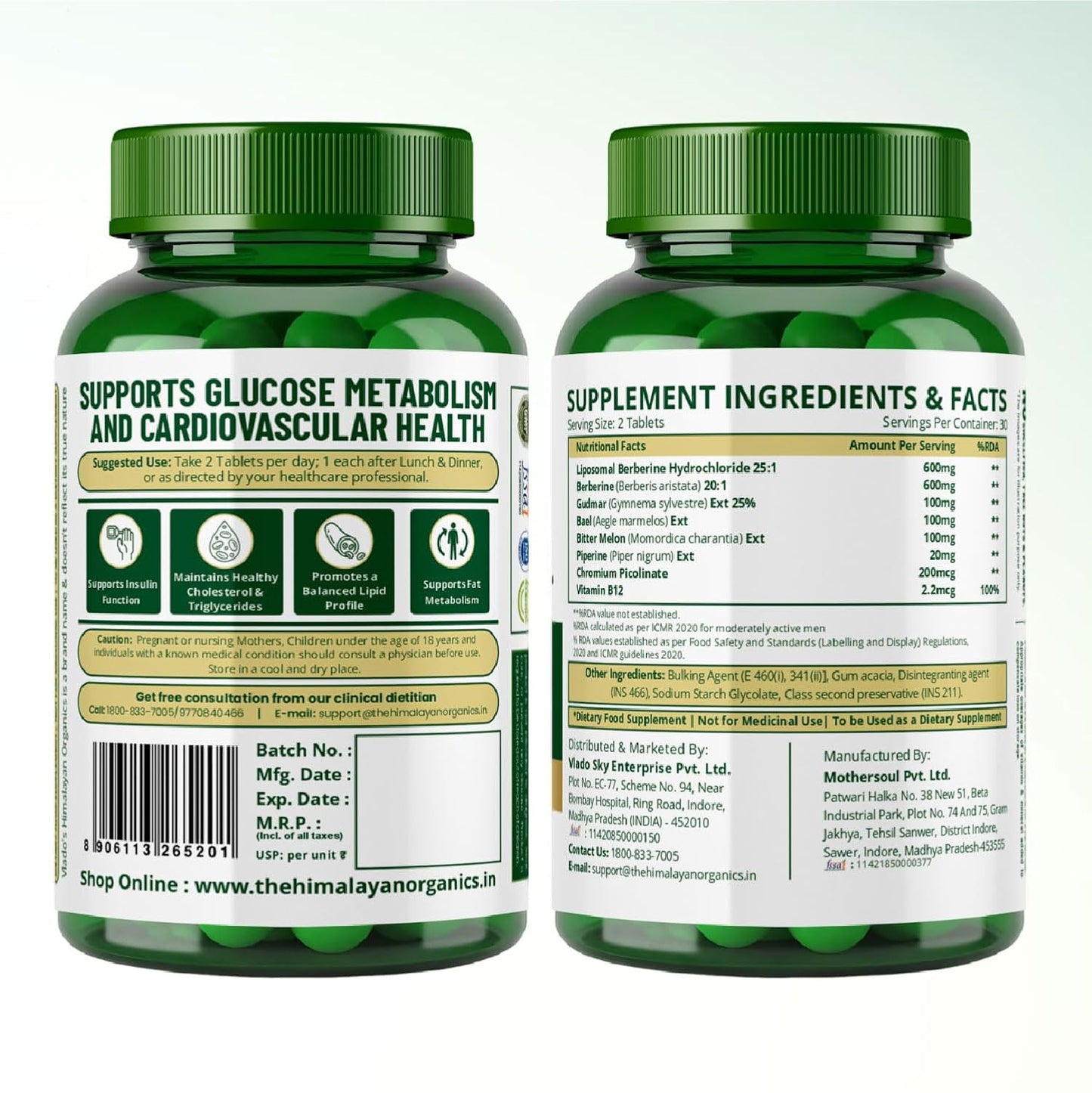 Vlado's Himalayan Organics Liposomal Berberine HCL+ 1500mg+ with Piperine, Chromium , Bitter Melon, Bael, Gudmar & Vitamin B12 |For Metabolism, Hormonal Balance, Healthy Blood Sugar & Cholesterol Levels | 60 Veg Tablets