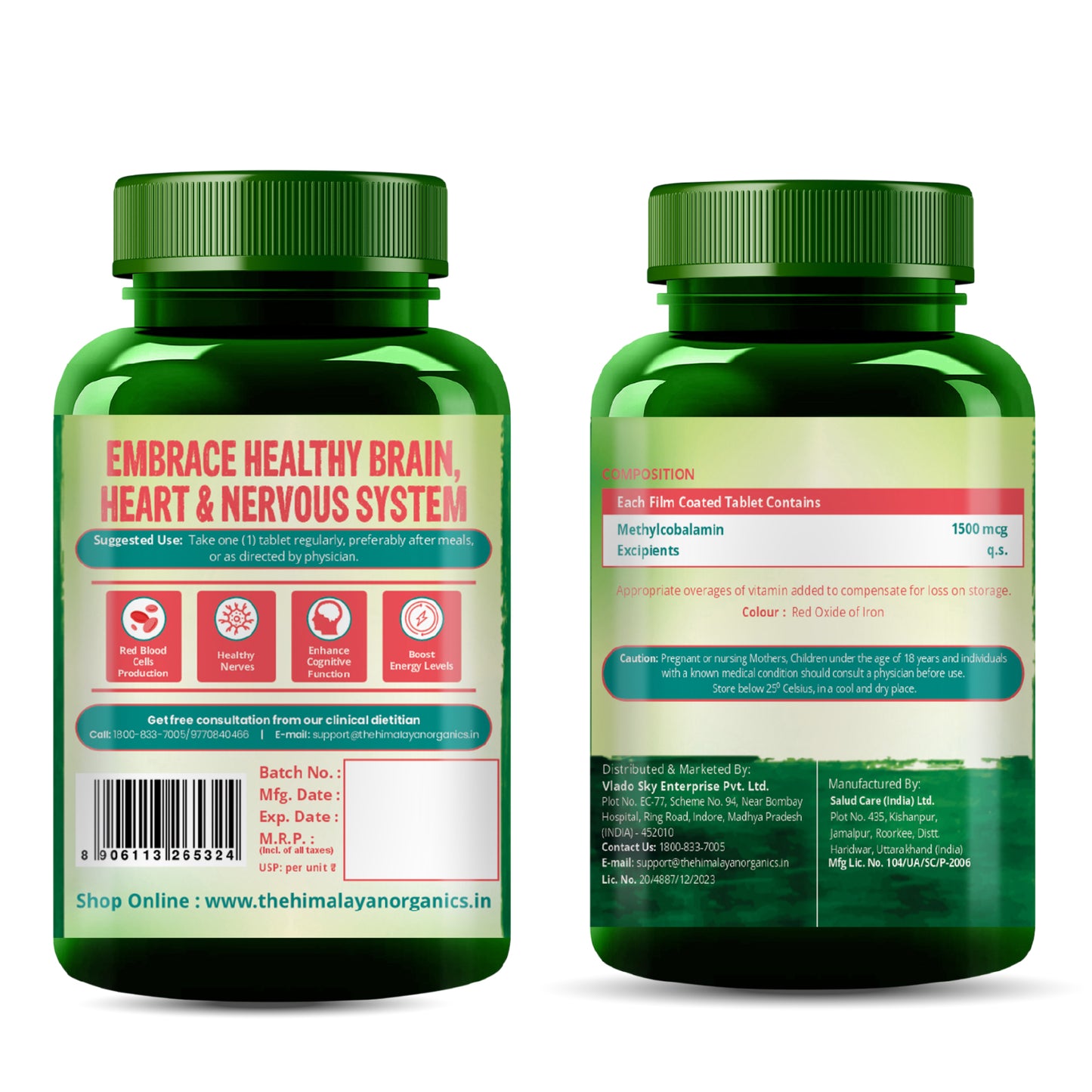 Vlado's Himalayan Organics Vitamin B12 Tablets 1500 mcg as Methylcobalamin Vitamin B12 Supplements for Men & Women -120 Veg tablets (4 Months Supply Pack)