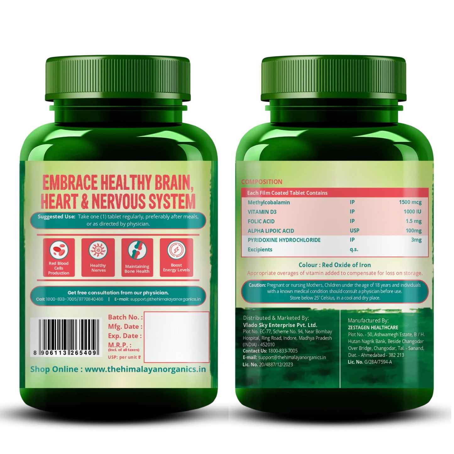 Vlado's Himalayan Organics Vitamin B12 1500mcg with Vitamin D3 | Methylcobalamin 1500mcg with Vitamin D Tablets with Alpha Lipoic Acid , Folic Acid I B12 Vitamin Tablets - Best Vitamin B-12 Supplement For Men & Women - 60 Tablets