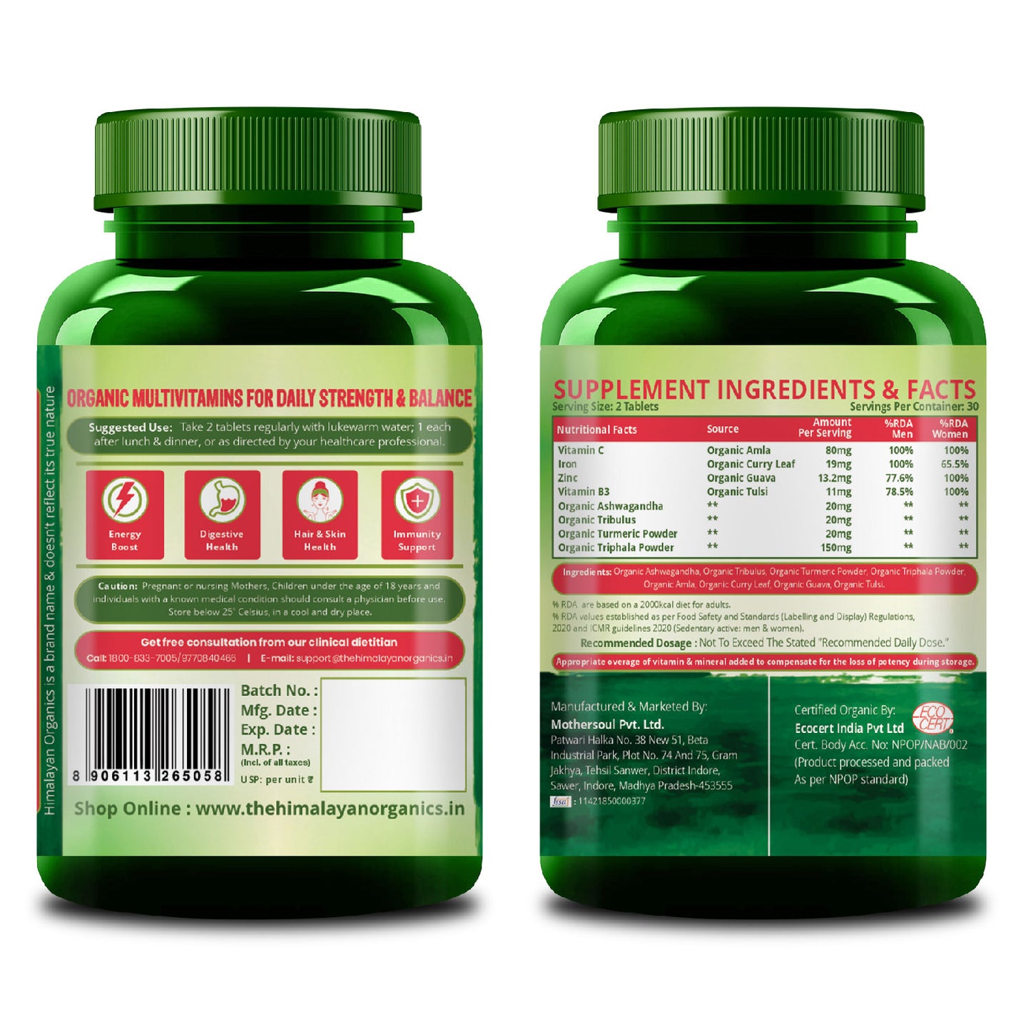 Vlado's Himalayan Organics  - Organic Multivitamins with Iron ,Zinc ,Vitamin B3, C ,Organic Ashwagandha , Tribulus  & Turmeric - 100% Organic , Non-Synthetic - for Immunity, Engergy stamina , Hair, Skin & Bones - 60 Veg Tablets