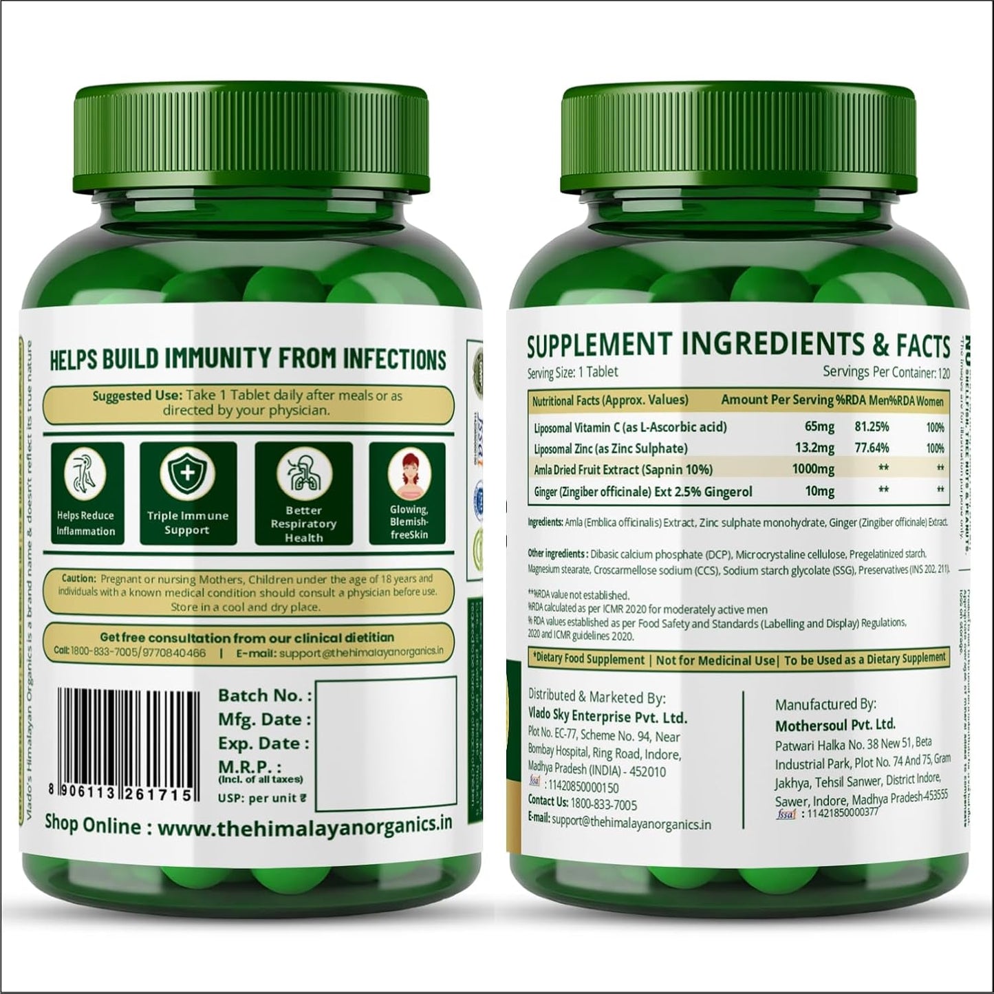 Vlado's Himalayan Organics Natural Liposomal Vitamin C Supplements Amla Extract With Zinc For Immunity & Skincare | Antioxidant Vitamin, Skin Rejuvenation I Vitamin C Tablets - 120 Veg Tablets