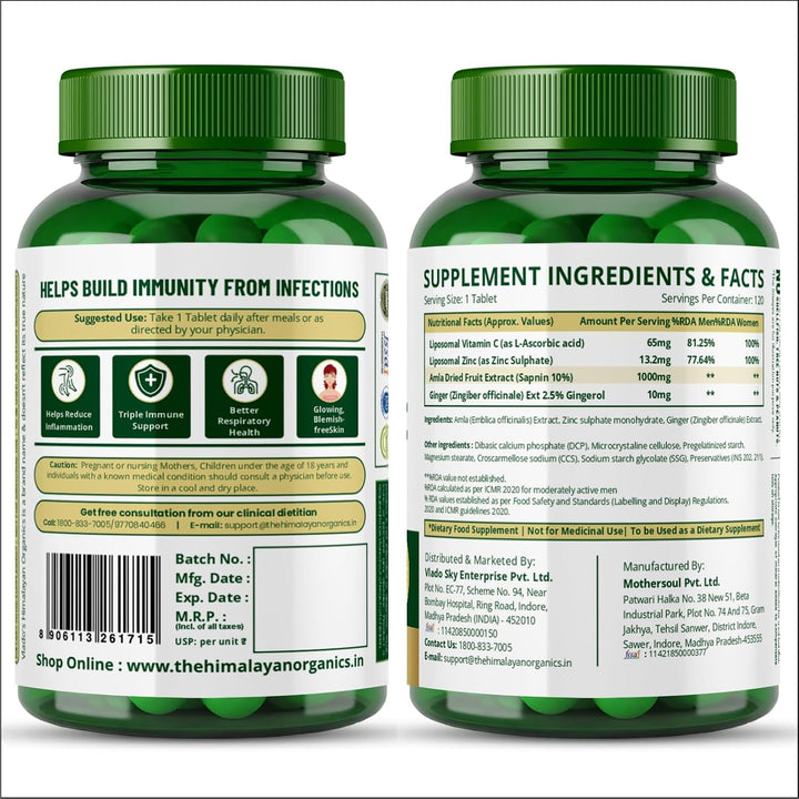 Vlado's Himalayan Organics Natural Liposomal Vitamin C Supplements Amla Extract With Zinc For Immunity & Skincare | Antioxidant Vitamin, Skin Rejuvenation I Vitamin C Tablets - 120 Veg Tablets