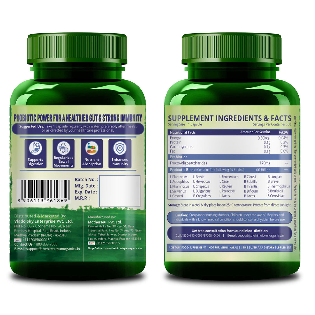 Vlado’s Himalayan Organic Probiotics 60 Billion CFU + 170Mg Prebiotics + 24 Strains Supplement | Better Nutrient Absorption | Healthy Digestion, Stronger Immunity & Overall Wellness - 60 Veg Capsules