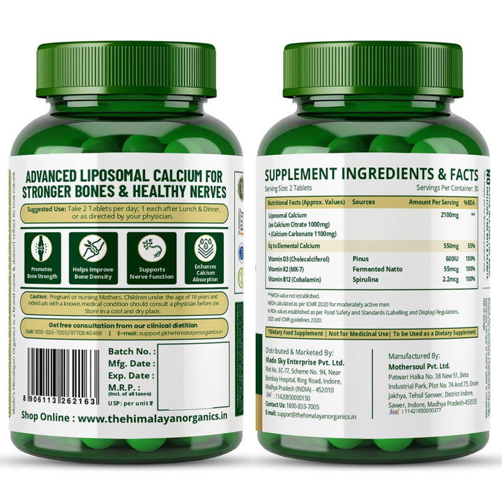 Vlado’s Himalayan Organics Liposomal Calcium 2100mg with Vitamin D3 + K2 (MK-7) & Vitamin B12 | Better Absorption | Supports Healthy Bones, Heart, Joints & Recovery | For Men & Women | 60 Veg Tablets