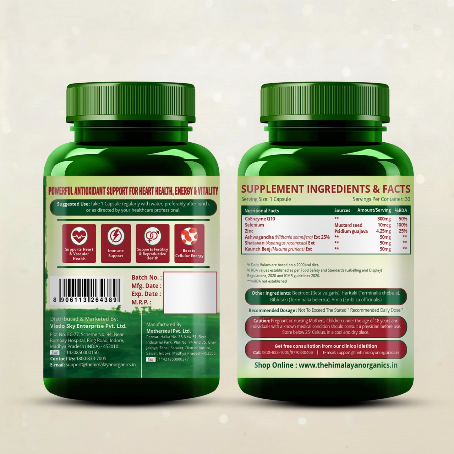 Vlado’s Himalayan Organics Coenzyme Q10 | CoQ10 Supplement 300mg with Selenium & 5 Herbs | Coq10 Ubiqinol Supports Heart Health and Vascular Health I  | CoQ10 For men & women – 30 Veg Capsules