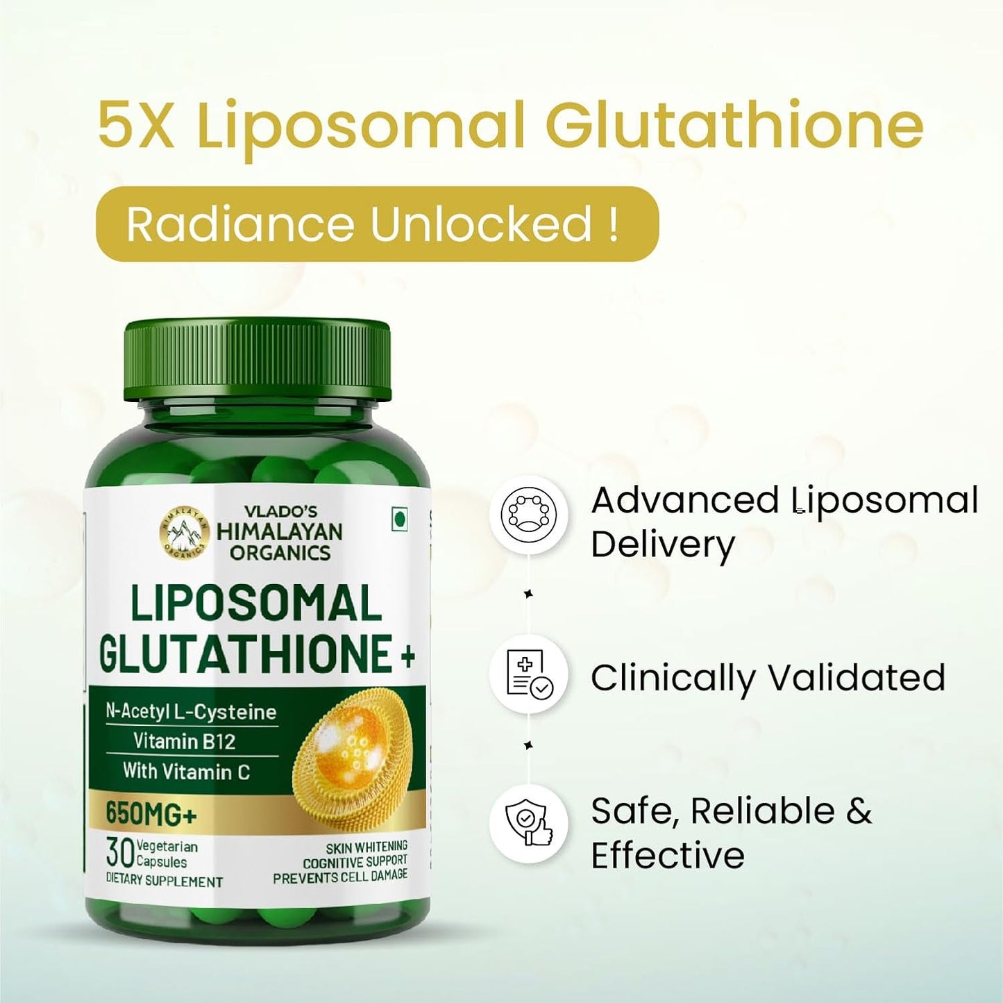 Vlado's Himalayan Organics Liposomal Glutathione 650 mg+ Advanced Liposomal Formula with N-Acetyl L-Cysteine , Vitamin C & B12 - Cellular & Face Health - Helps in Skin Hydration & Skin Glow - Liver Health & Detoxification Support - 30 Veg Capsules