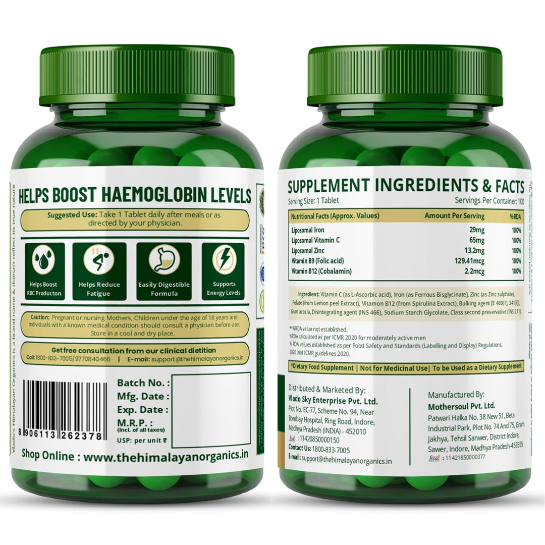 Vlado's Himalayan Organics Liposomal Iron supplement with Vitamin C,B12,Zinc & Folic Acid | Boost Hemoglobin Levels | Improves Concentration Level,Energy & Blood Building-100 Veg Tablets