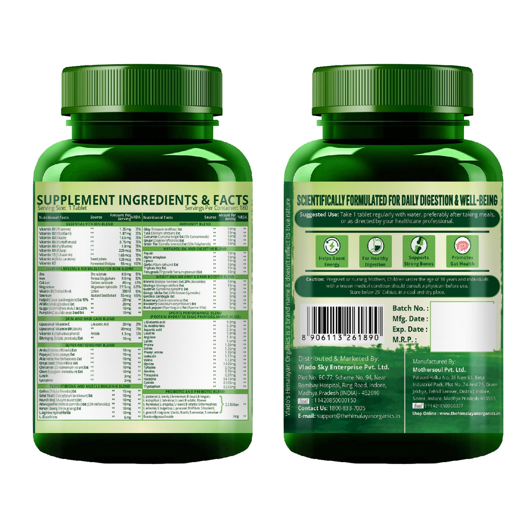 Vlado’s Himalayan Organics Multivitamin for Men & Women with Probiotics | 100+ Nutrients incl. Vitamins B1–B12, C, D & E, Zinc, Iron, Calcium, Biotin | 27+ Herbal Extracts | Supports Immunity, Energy, Stamina, Bone, Skin & Hair | 180 Tablets