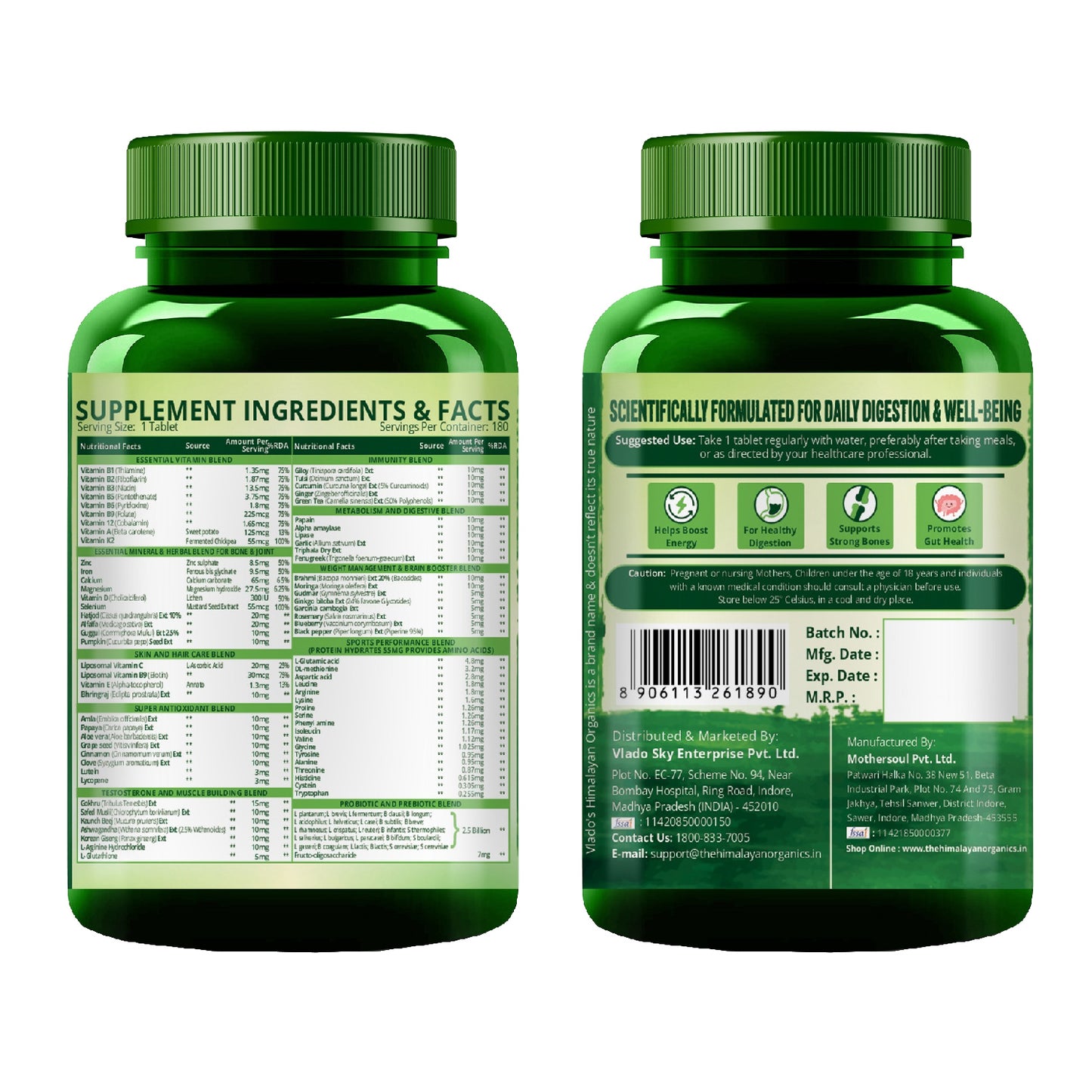 Vlado’s Himalayan Organics Multivitamin for Men & Women with Probiotics | 100+ Nutrients incl. Vitamins B1–B12, C, D & E, Zinc, Iron, Calcium, Biotin | 27+ Herbal Extracts | Supports Immunity, Energy, Stamina, Bone, Skin & Hair | 180 Tablets