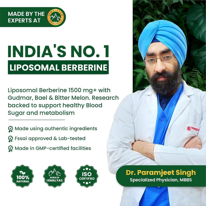 Vlado's Himalayan Organics Liposomal Berberine HCL+ 1500mg+ with Piperine, Chromium , Bitter Melon, Bael, Gudmar & Vitamin B12 |For Metabolism, Hormonal Balance, Healthy Blood Sugar & Cholesterol Levels | 60 Veg Tablets