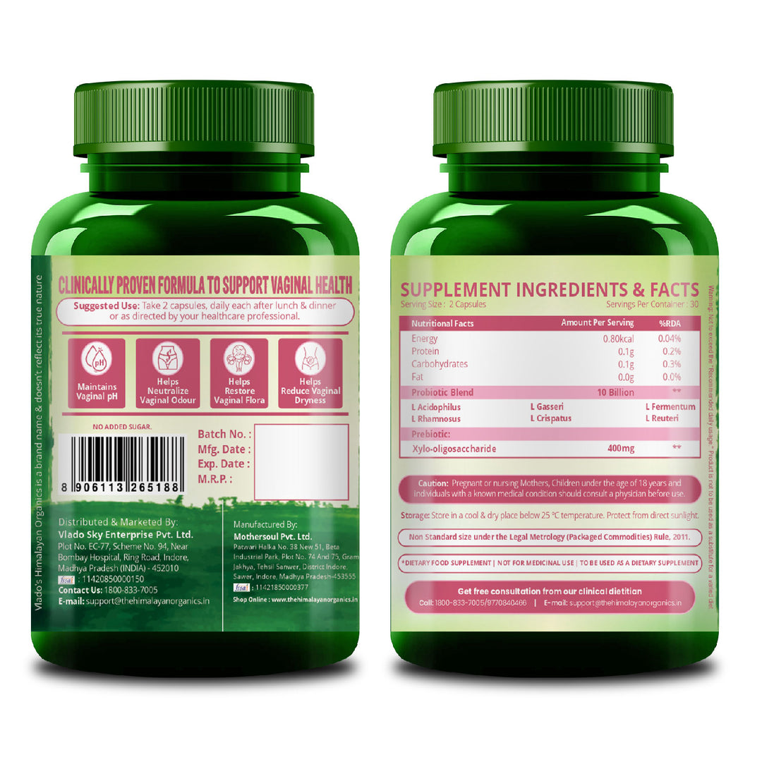 Vlado's Himalayan Organics Vaginal Probiotics for Women pH Balance with Prebiotics & Lactobacillus Probiotic Blend - Vaginal Health Supplement - I Clinically Proven Strains & 10 billion CFU I PromoteVaginal Odor & Vaginal Flora  - 60 Veg Capsules