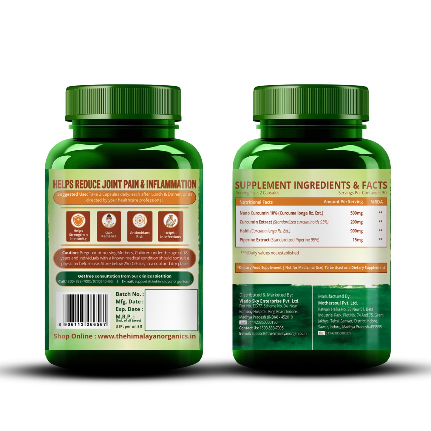 Vlado's Himalayan Organics Curcumin 1600mg+ | Extra-Pure Nano Curcumin Capsules with 95% Curcuminoids | Turmeric & Piperine | Joint Support Supplement for Men & Women - 60 Capsules