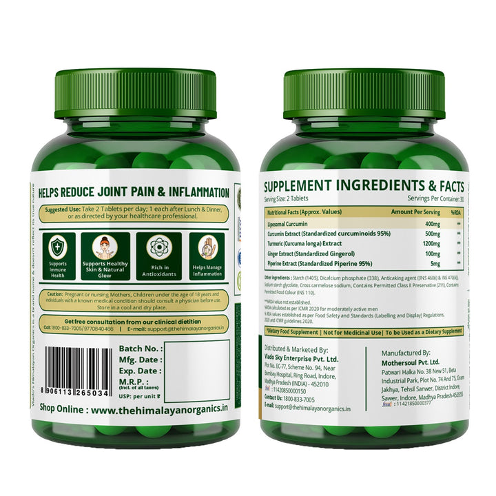 Vlado's Himalayan Organics Curcumin (1600mg+ / Serving ) with Black Pepper  Supplement and 95% Curcuminoids | Anti inflammatory Supplement for Men & Women | With Curcuma Longa, Turmeric & Ginger Root extract | 60 Veg Tablets