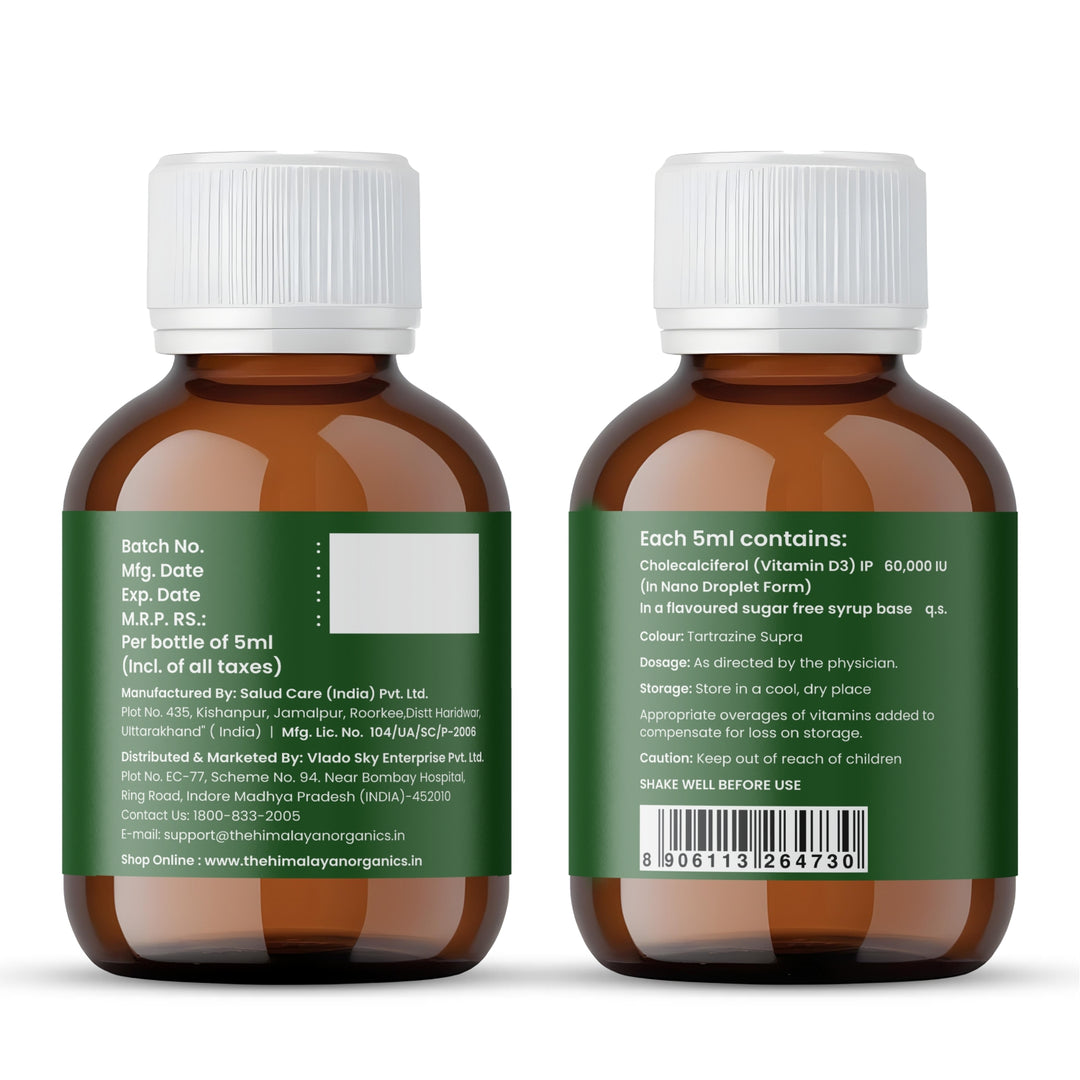 Vlado's Himalayan Organics Vitamin D3 60000 IU Shots | Cholecalciferol Vitamin D3 60000 IU Supplement I Sugar Free I Oral Solution I Vitamin D 60K for Men & Women – 5ml Each bottle - Orange Flavour - (Pack of 8)