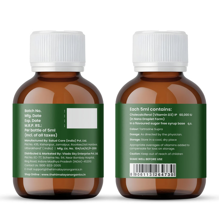 Vlado's Himalayan Organics Vitamin D3 60000 IU Shots | Cholecalciferol Vitamin D3 60000 IU Supplement I Sugar Free I Oral Solution I Vitamin D 60K for Men & Women – 5ml Each bottle - Orange Flavour - (Pack of 8)