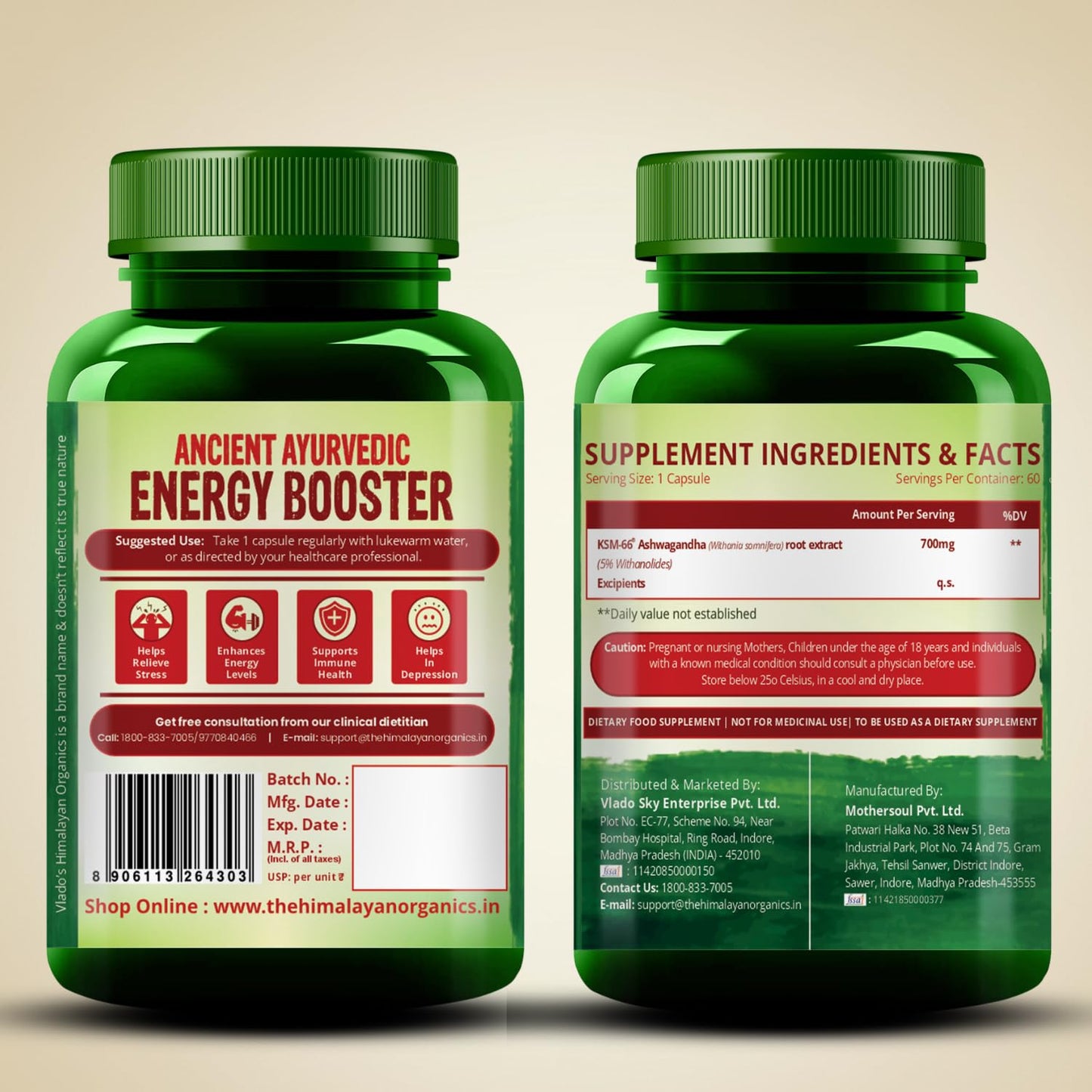 Vlado’s Himalayan Organics KSM66 Ashwagandha 700 Mg I 5% Withania Somnifera I Pure Ashwagandha Men & Women (60 Capsules)