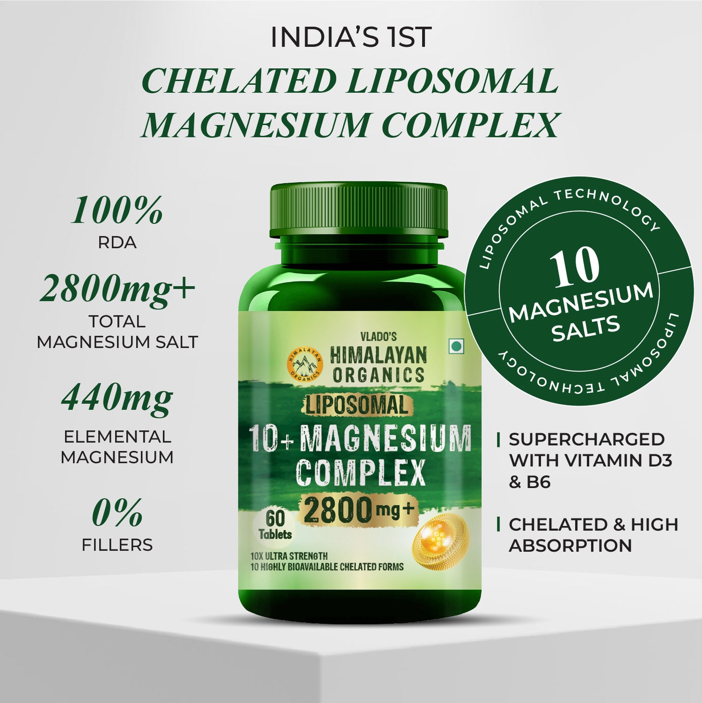 Vlado's Himalayan Organics Magnesium Supplement 28000mg with 10 Chelated Salts Liposomal magnesium citrate , Oxide, Threonate, Aspartate, +2 more with VItamin D3 & B12  I 10X Strength mangesium complex - 60 Veg tablets