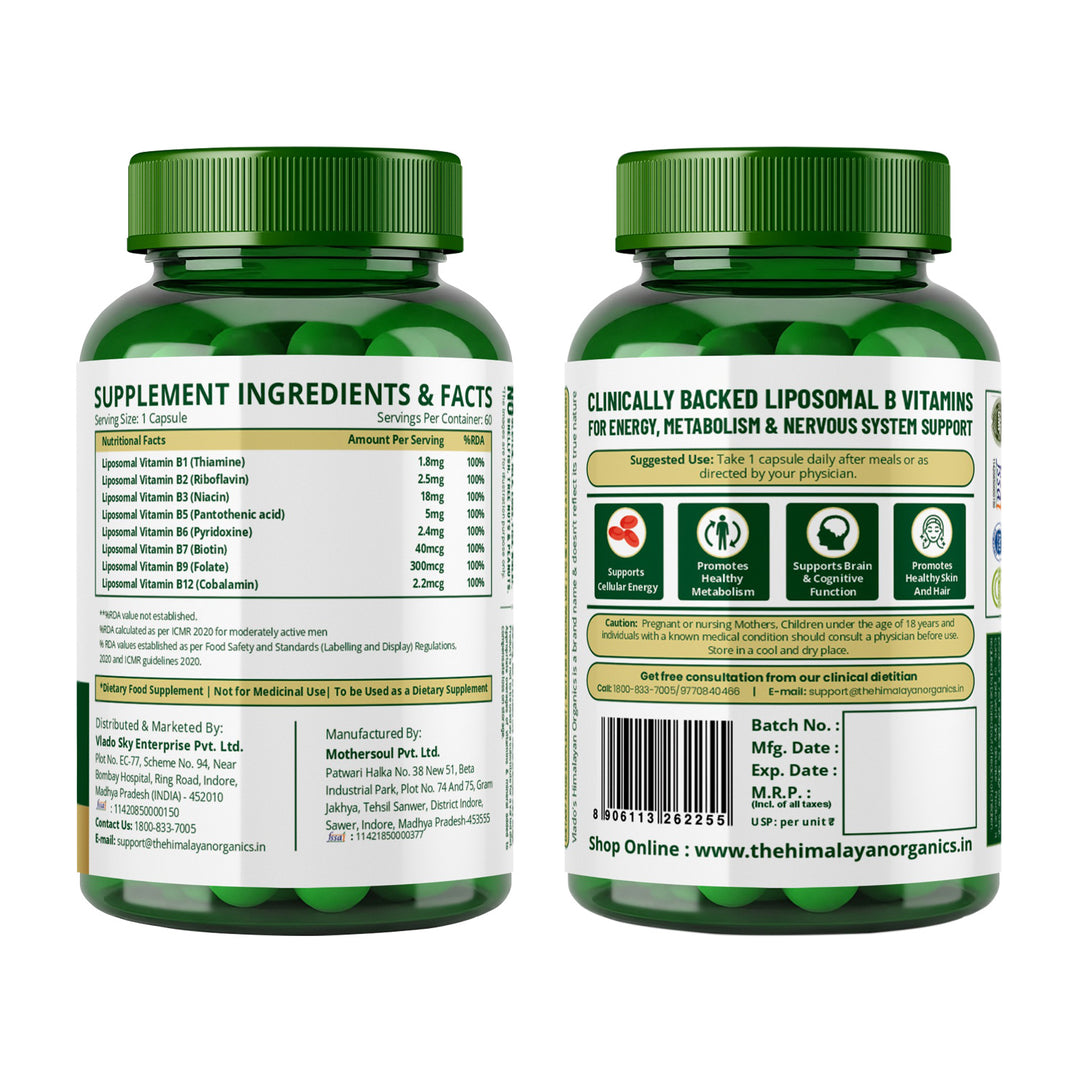 Vlado’s Himalayan Organics Liposomal Vitamin B Complex with 100% RDA B1, B2, B3, B5, B6, B9 & B12 | Hair Growth, Boost Energy And Immunity (60 Capsules)