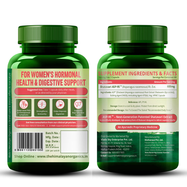 Vlado's Himalayan Organics Shatavari Extract 600 Mg Supplement for Women’s Hormone Balance & Wellness | Boosts Immunity, Supports Digestion & Overall Vitality - 60 Veg Capsule