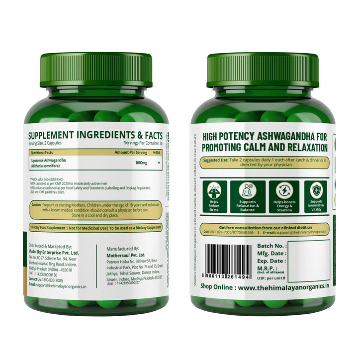 Vlado's Himalayan Organics Liposomal Ashwagandha 1000mg/Serve || Energy & Endurance || 60 Veg Capsules