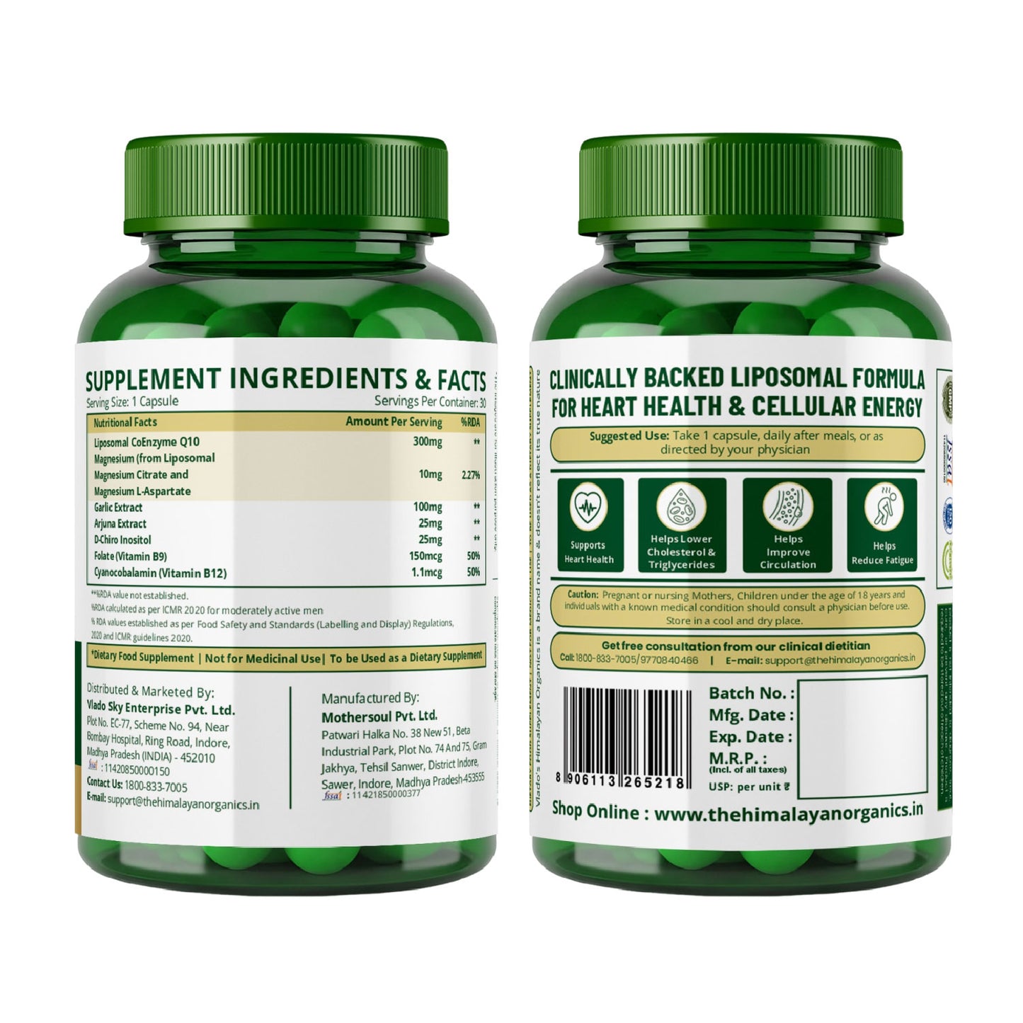 Vlado's Himalayan Organics Liposomal Coenzyme Q10 | CoQ10 Supplement 300mg+ with Magnesium, Vitamin B9 & B12, D-Chiro-Inositol, ,Garlic, Arjuna, Methyl, Folate | High Absorption I Coq10 Ubiqinol Supports Heart Health and Vascular Health  – 30 Capsules