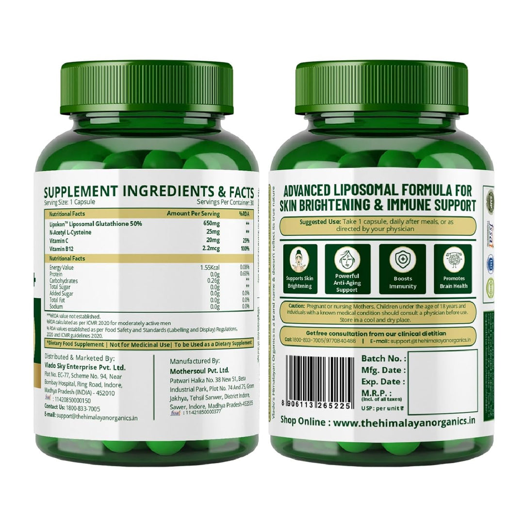 Vlado's Himalayan Organics Liposomal Glutathione 650 mg+ Advanced Liposomal Formula with N-Acetyl L-Cysteine , Vitamin C & B12 - Cellular & Face Health - Helps in Skin Hydration & Skin Glow - Liver Health & Detoxification Support - 30 Veg Capsules