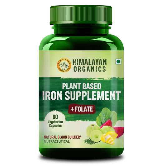 Himalayan Organics Plant-Based Iron Supplement With Folate | Improved Hemoglobin & Oxygen Capacity | Stomach Friendly | Boost Energy - 60 Veg Capsules