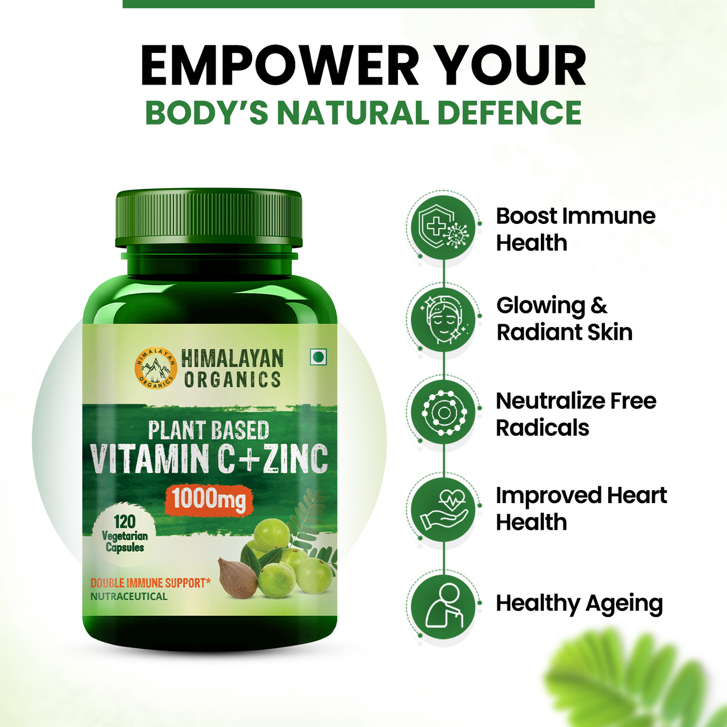 Himalayan Organics Plant Based Vitamin C with Zinc (120 Capsules) As Amla Extract - Glowing Skin & Immunity