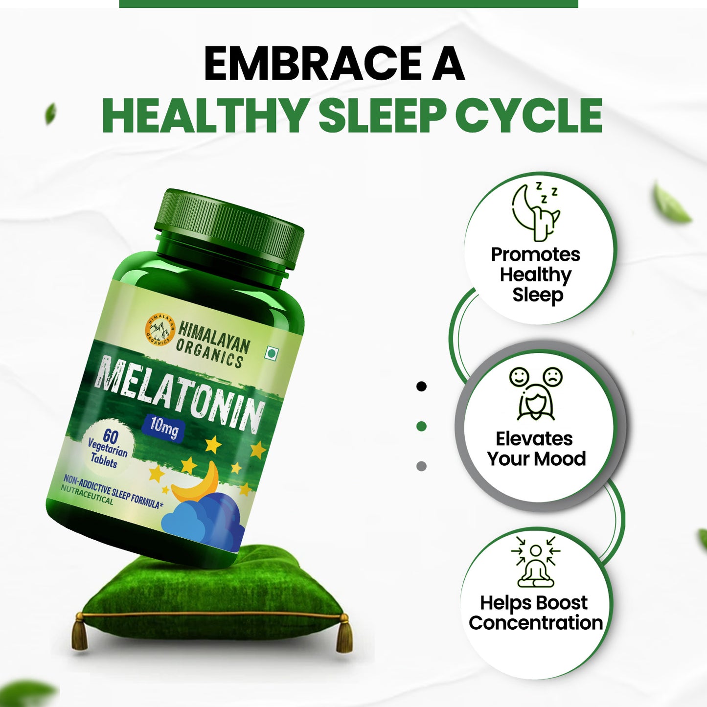 Himalayan Organics Melatonin 10 MG Healthy Sleep Cycle | Helps Stress & Anxiety Relief | Improve Concentration | Non-Habit Forming - 60 Veg Tablets