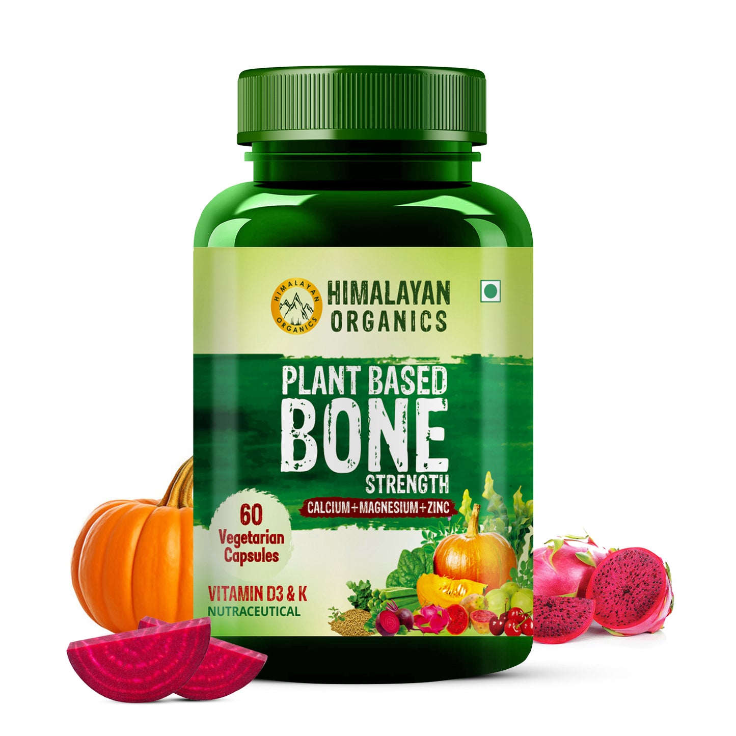 Himalayan Organics Plant Based Bone Strength Supplement | Calcium, Magnesium & Zinc | 60 Veg Capsules