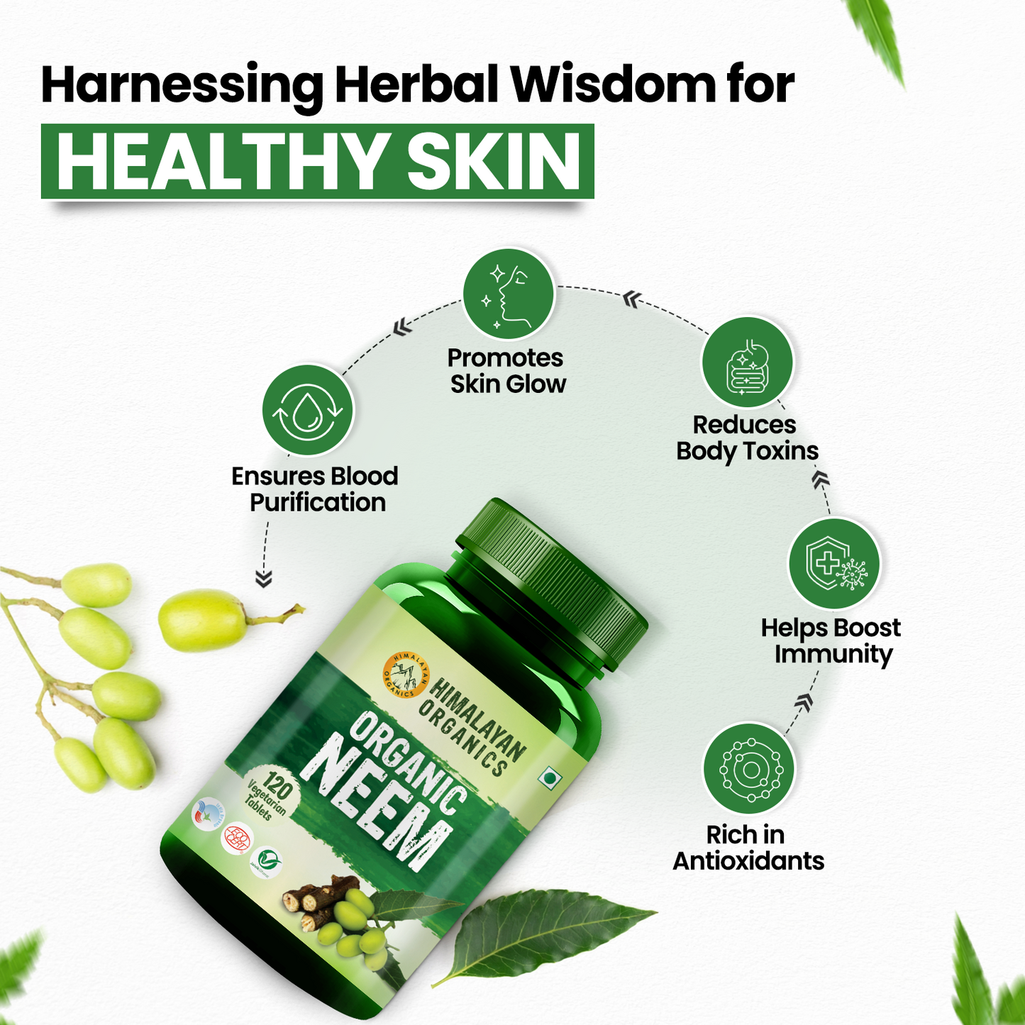 Vlado's Himalayan Organics Organic Neem Tablets | Helps In Purification of Blood | Healthy Skin & Hair (120 Tablets)