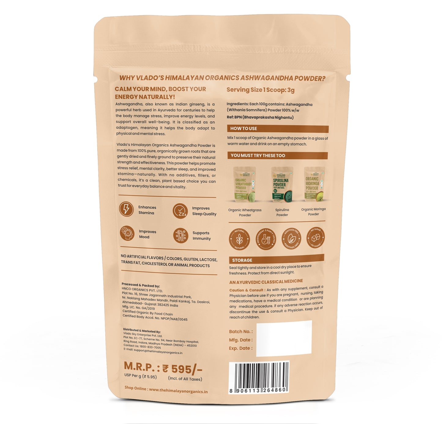 Vlado's Himalayan Organics 100% Organic Ashwagandha Powder 100gm - Withania Somnifera | Pure Ashwagandha Powder Organic -Support Muscle Recovery & Boost Energy Level | USDA Certified for Vitality, Strength & Stress Management | 100gm