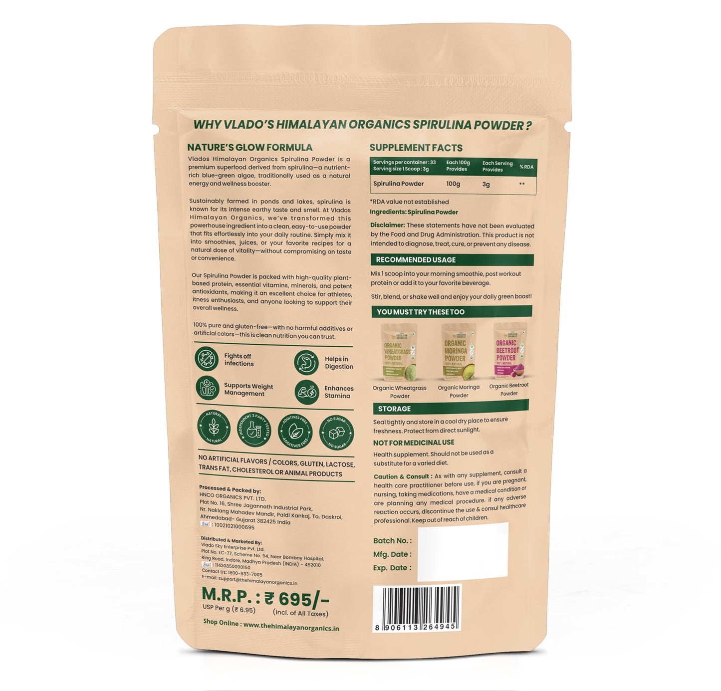 Vlado's Himalayan Organics Spirulina Powder (100g) | For Men & Women | Contains 62% Protein I Natural Superfood | Rich in Protein, Vitamins & Minerals | Boost Energy & Immunity | Support Digestion & Skin health