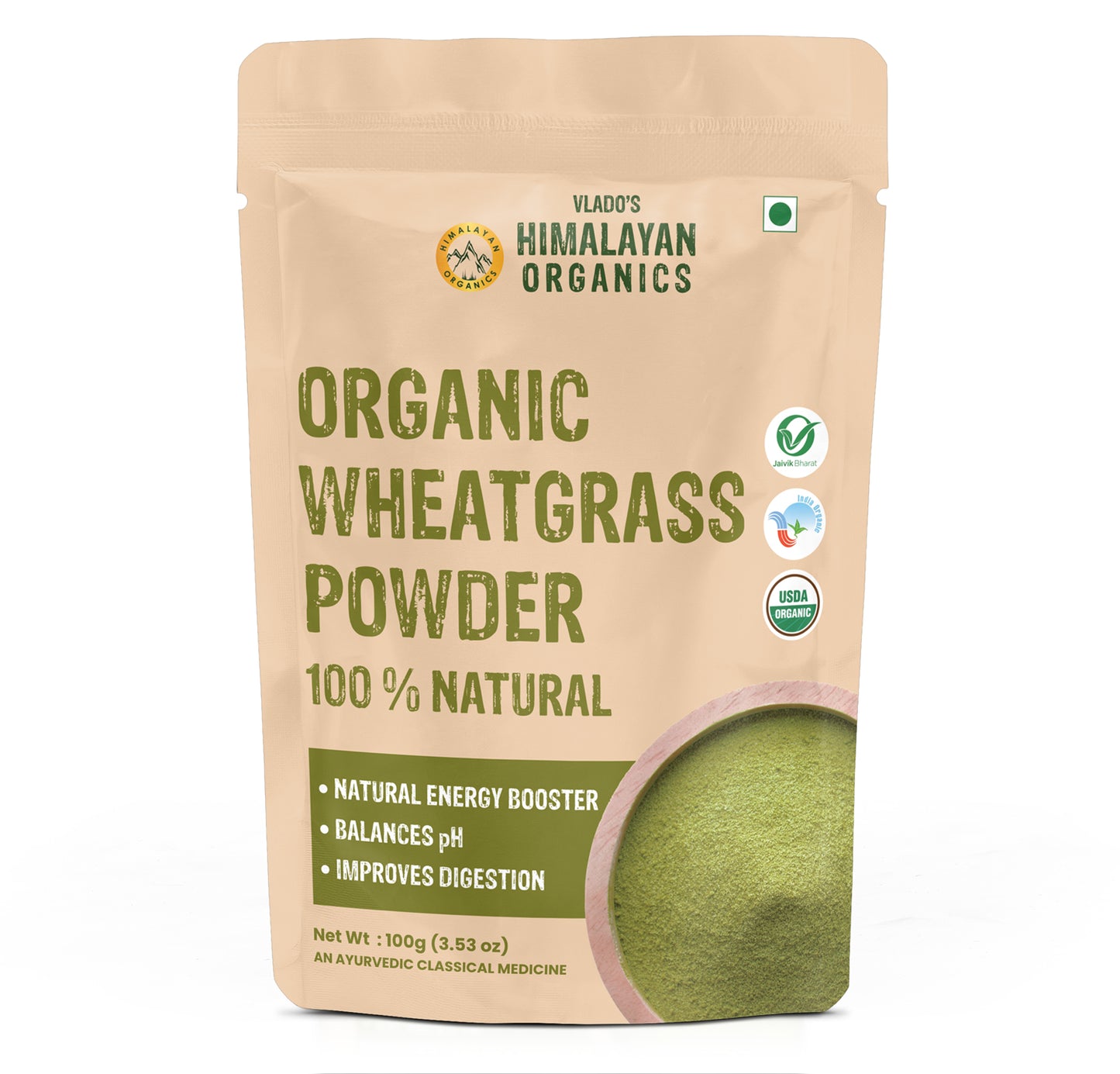 Vlado's Himalayan Organics 100% Natural Organic Wheatgrass Powder | USDA Certified I Wheat Grass Powder | Organic Wheatgrass Juice | Ayurvedic Support For Natural Detox | Immunity Booster | Herbal Supplement - 100g