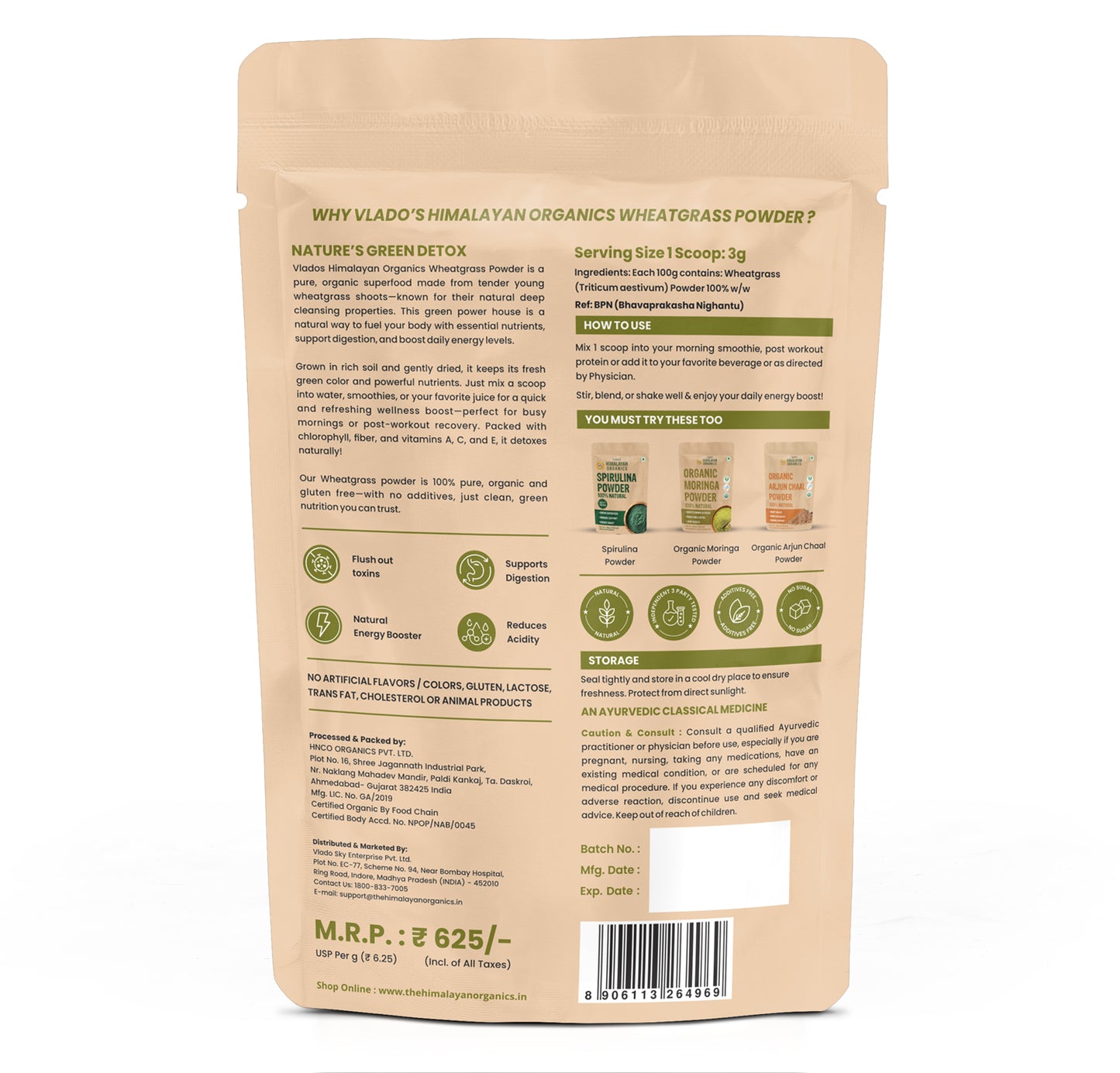 Vlado's Himalayan Organics 100% Natural Organic Wheatgrass Powder | USDA Certified I Wheat Grass Powder | Organic Wheatgrass Juice | Ayurvedic Support For Natural Detox | Immunity Booster | Herbal Supplement - 100g
