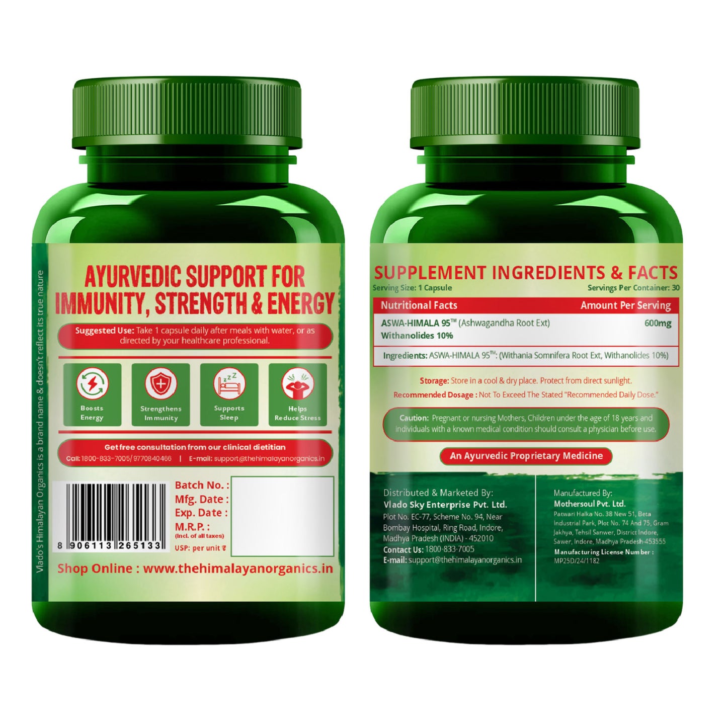 Vlado's Himalayan Organics Pure Ashwagandha -10% Withanolides with Ultra High Potency - 600MG - Highly Concentrated & Third-Party Lab Tested - Ayurvedic Supplement - Focus, Mood Support, Increase Energy, Strength - 30 Capsules