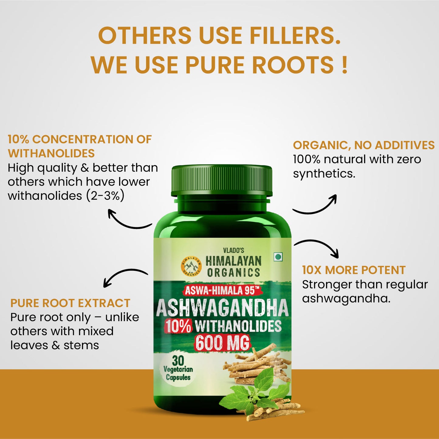 Vlado's Himalayan Organics Pure Ashwagandha -10% Withanolides with Ultra High Potency - 600MG - Highly Concentrated & Third-Party Lab Tested - Ayurvedic Supplement - Focus, Mood Support, Increase Energy, Strength - 30 Capsules