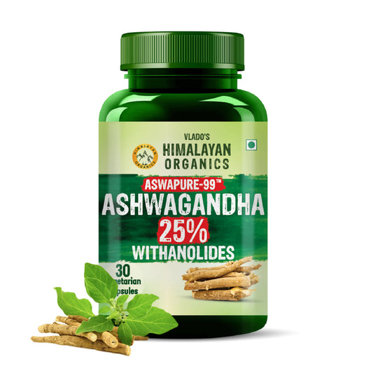 Vlado's Himalayan Organics Ashwagandha -25 % Withanolides with Maximun High Potency - 600MG - Highly Concentrated & Third-Party Lab Tested - Ayurvedic Supplement - Focus, Mood Support, Increase Energy, Strength  1st in India - 30 Capsules